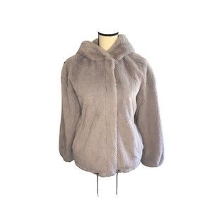 Lucky Brand Bomber Jacket Women XS HAZE Faux Fur Hooded Oversized Coat Read